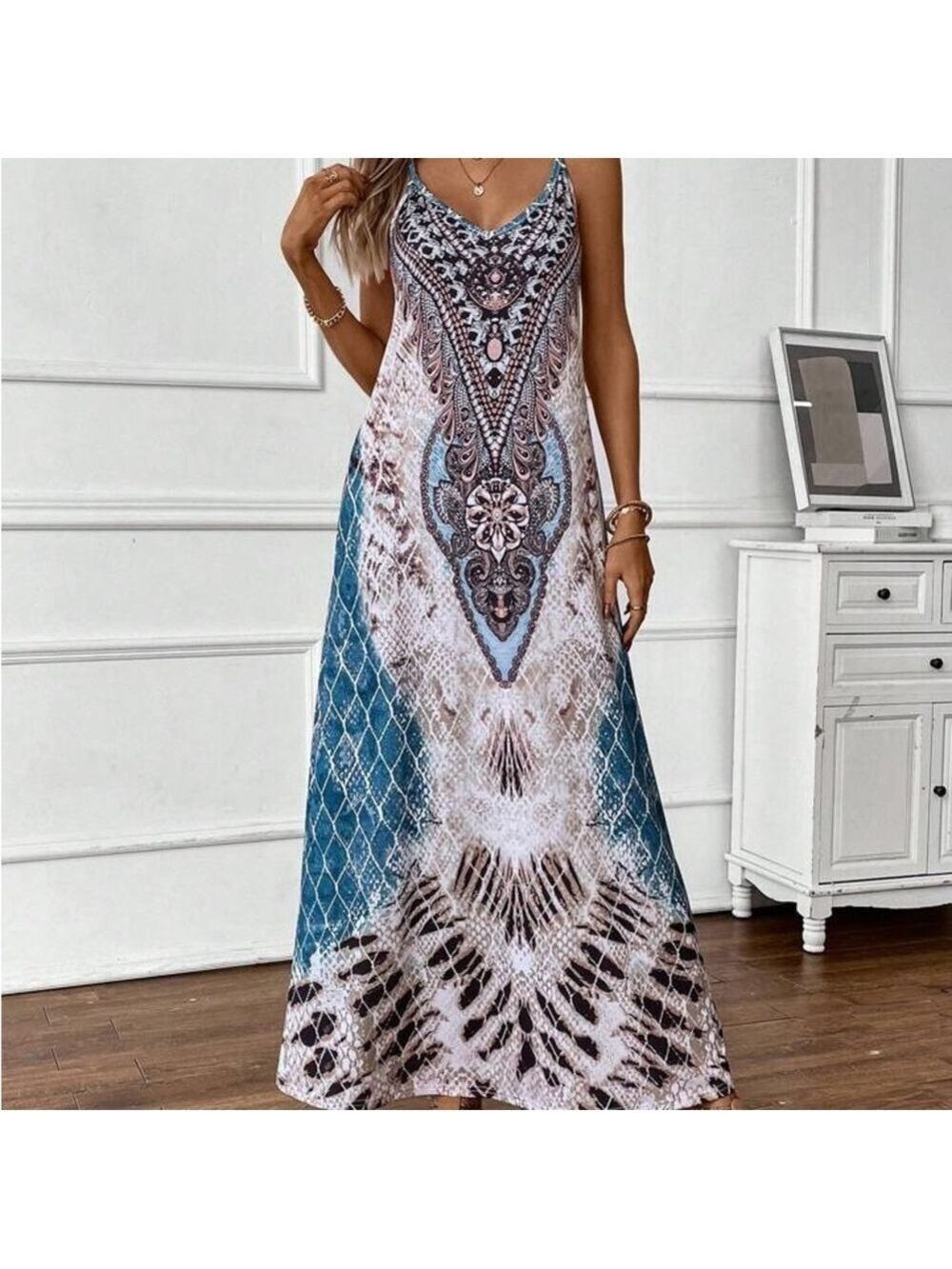 Women's Blue Snakeskin Print Bohemian Maxi Cami Dress Large - Picture 13 of 15